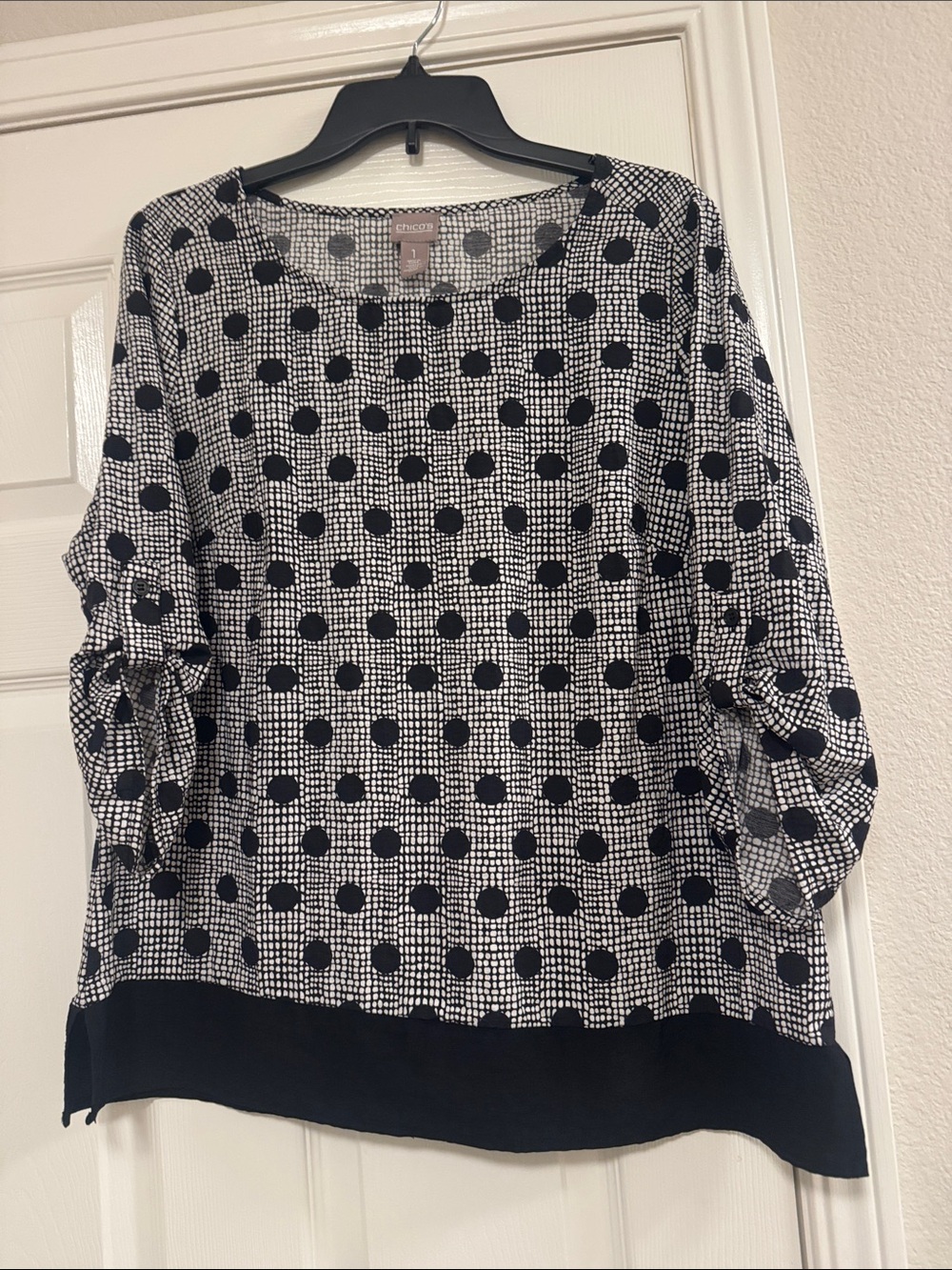 Chico's Black and White Polka Dot Blouse with Contrast Hem 1(XL)